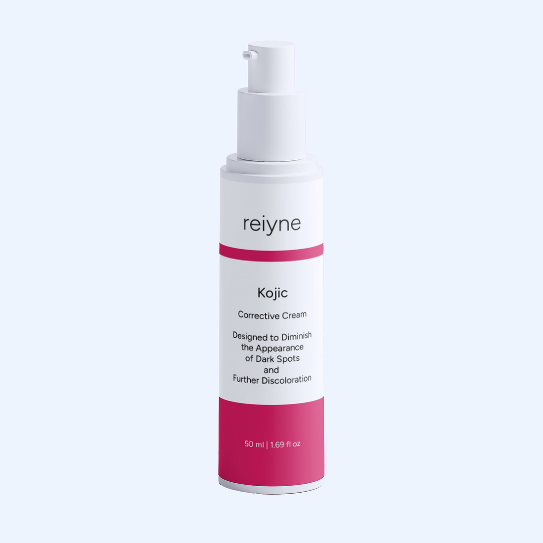 Reiyne Kojic Corrective Cream pump top white and pink bottle on a white background