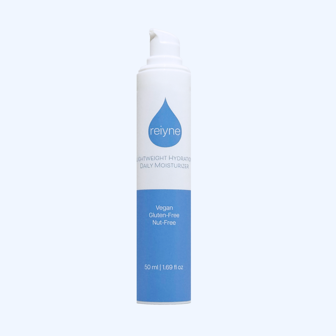 Reiyne Lightweight Hydration Daily Moisturizer in white airless pump bottle with blue and white label