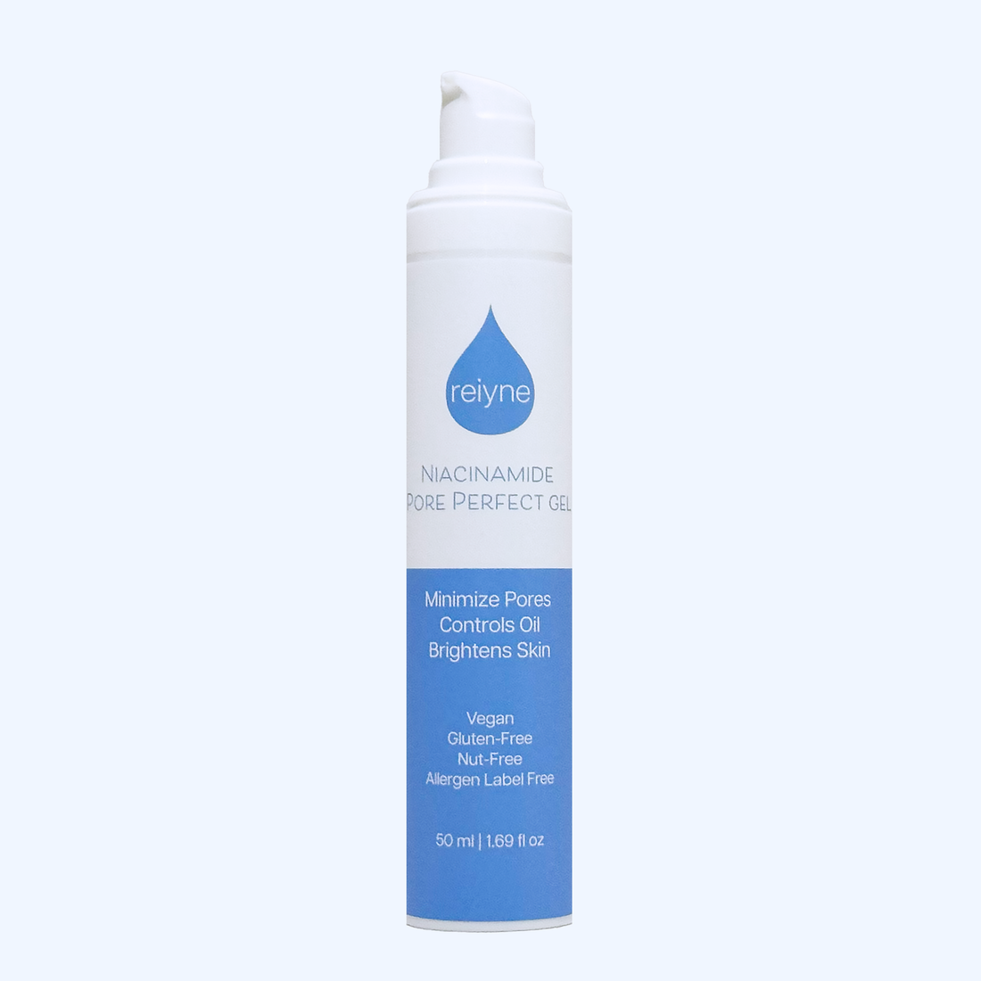 Reiyne Niacinamide Pore Perfect Gel in a white airless pump bottle and a blue and white label