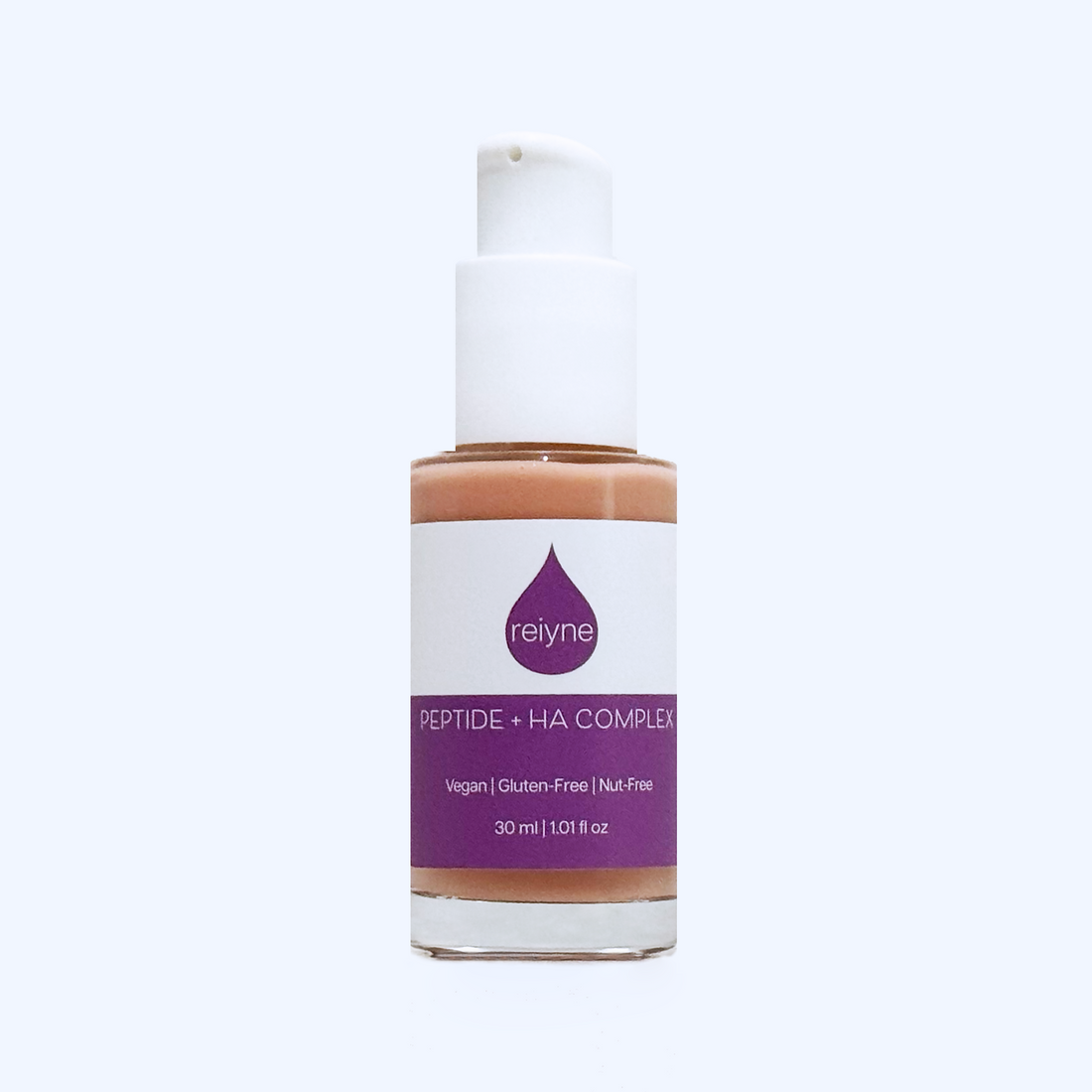 Reiyne Peptide + HA Complex in a clear bottle with white airless pump and purple and white label 