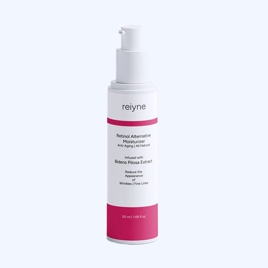 Reiyne Retinol Alternative Moisturizer Front of Airless Pump Bottle, with white and pink label on blue background
