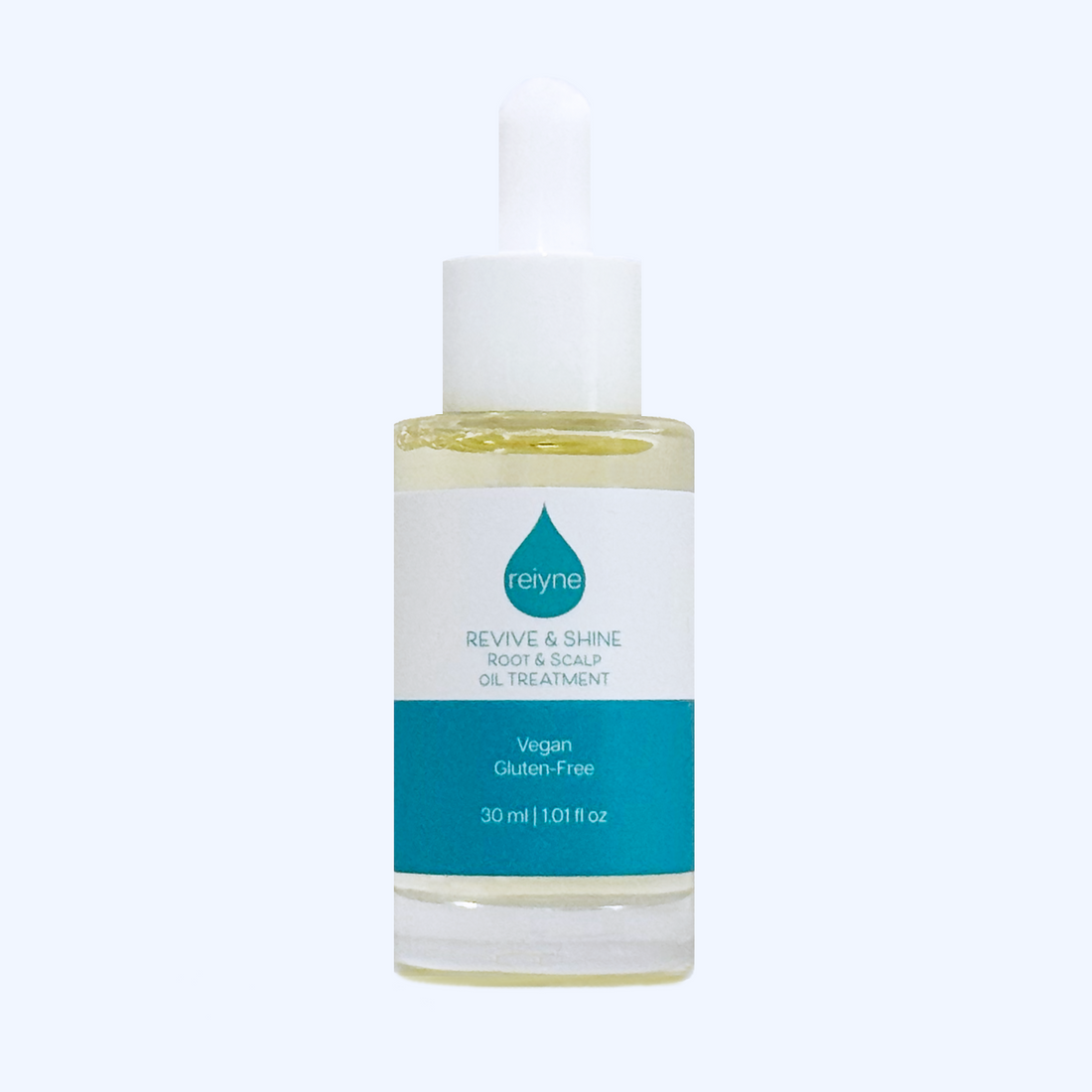 Reiyne Revive &amp; Shine Root &amp; Scalp Oil Treatment in a clear bottle with White Dropper and a blue and white label