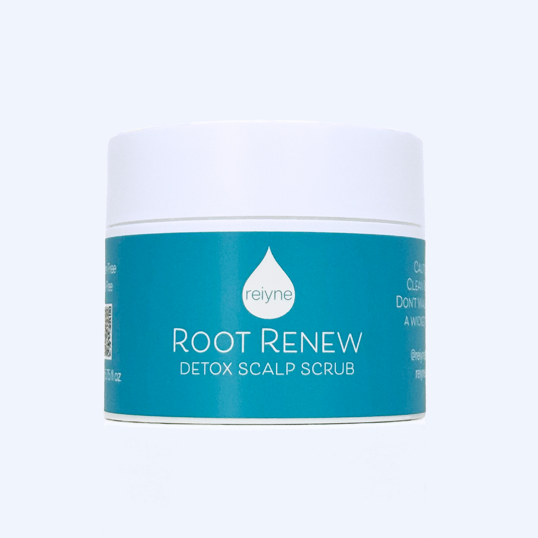 Reiyne Root Renew Detox Scalp Scrub in a white jar with a Blue and white label
