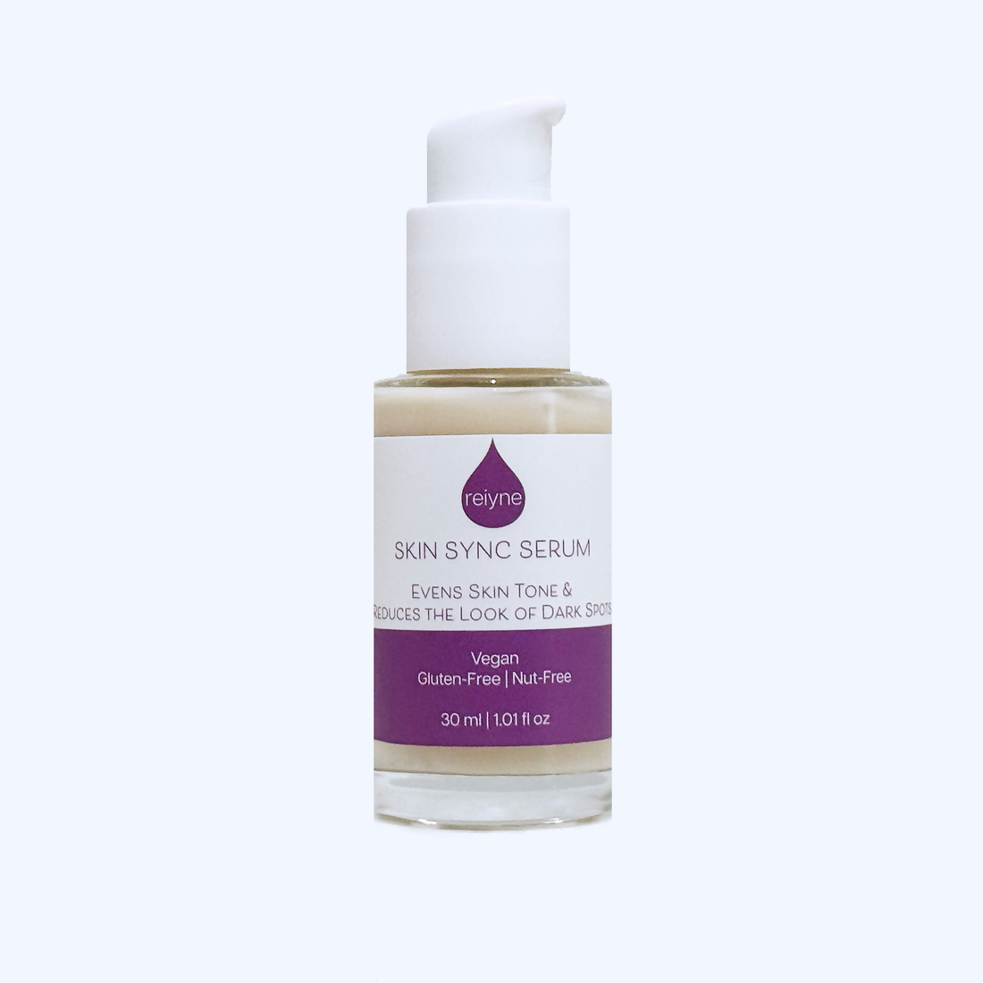 Reiyne Skin Sync Serum in a clear bottle white airless pump and a purple and white label