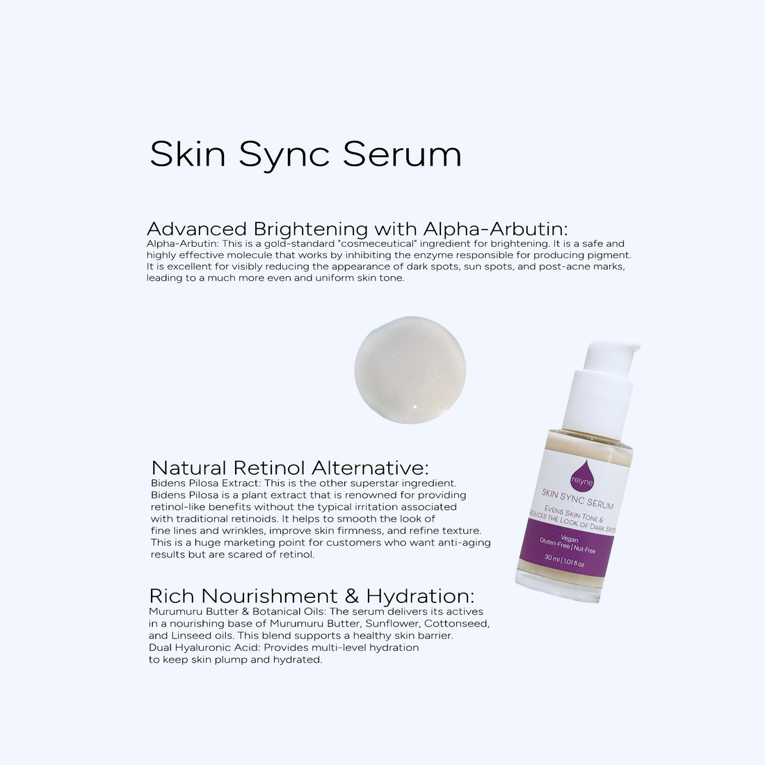 Reiyne Skin Sync Serum in a clear bottle white airless pump and a purple and white label