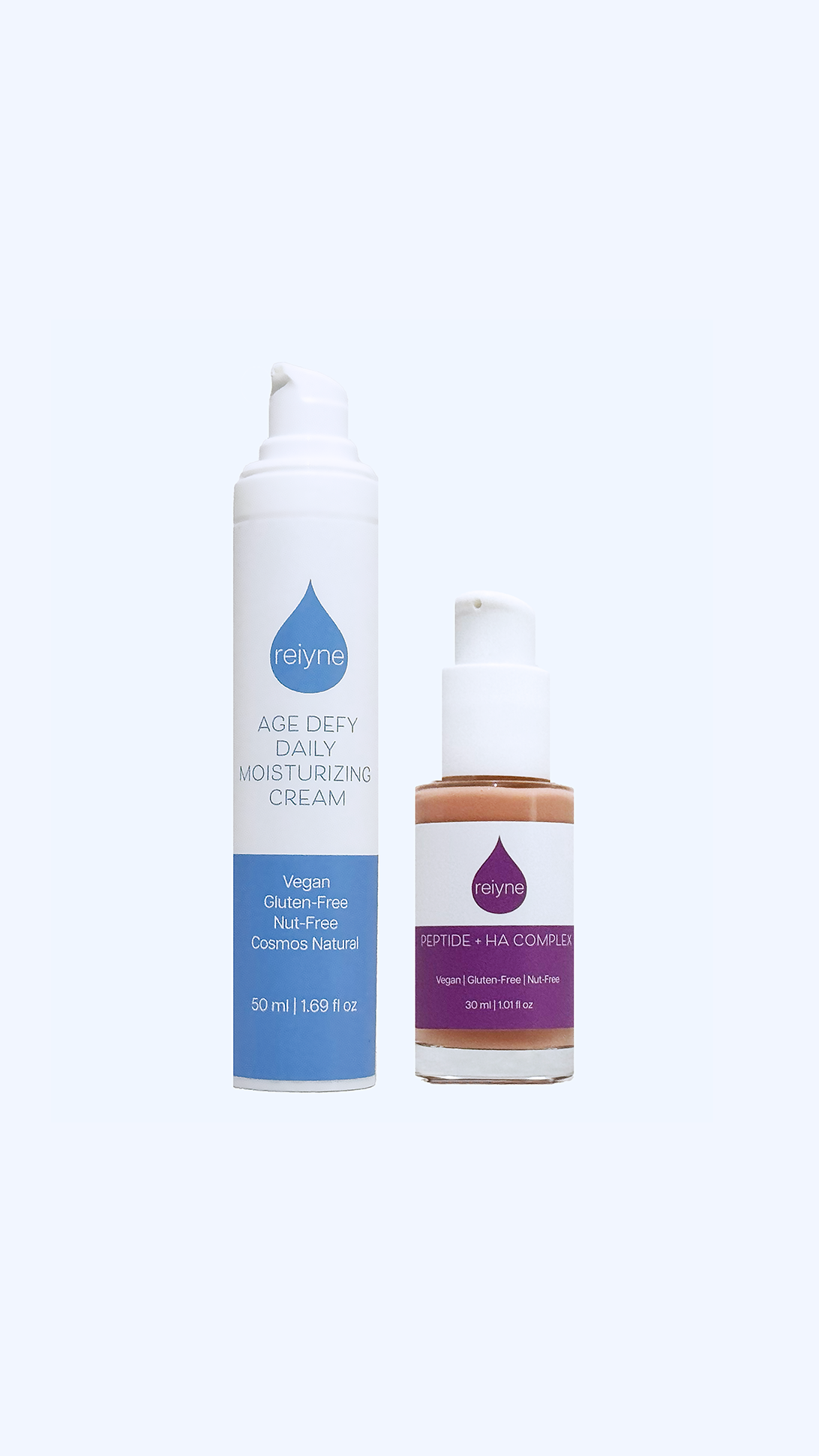Reiyne The Youth Edit Anti-Aging Dynamic Duo with Age Defy in a blue and White airless pump bottle and  Peptide plus HA complex in a purple and white dropper bottle