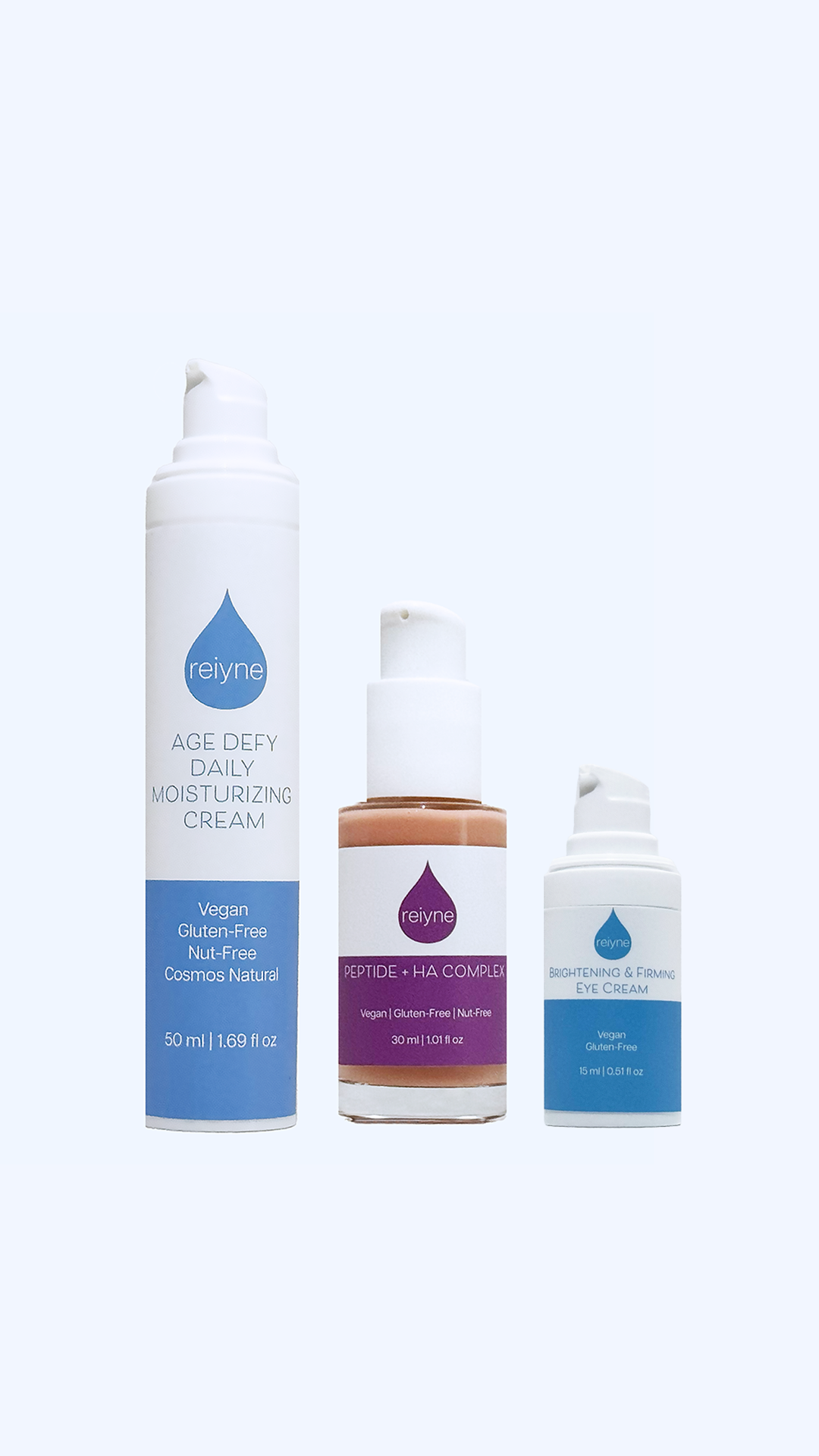 Reiyne Time Repair Anti-Aging Edit with Age Defy in a blue and white airless pump and Peptide + HA Complex in a purple and white airless pump bottle with  Brightening &amp; Firming Eye Cream in a blue and white airless pump bottle