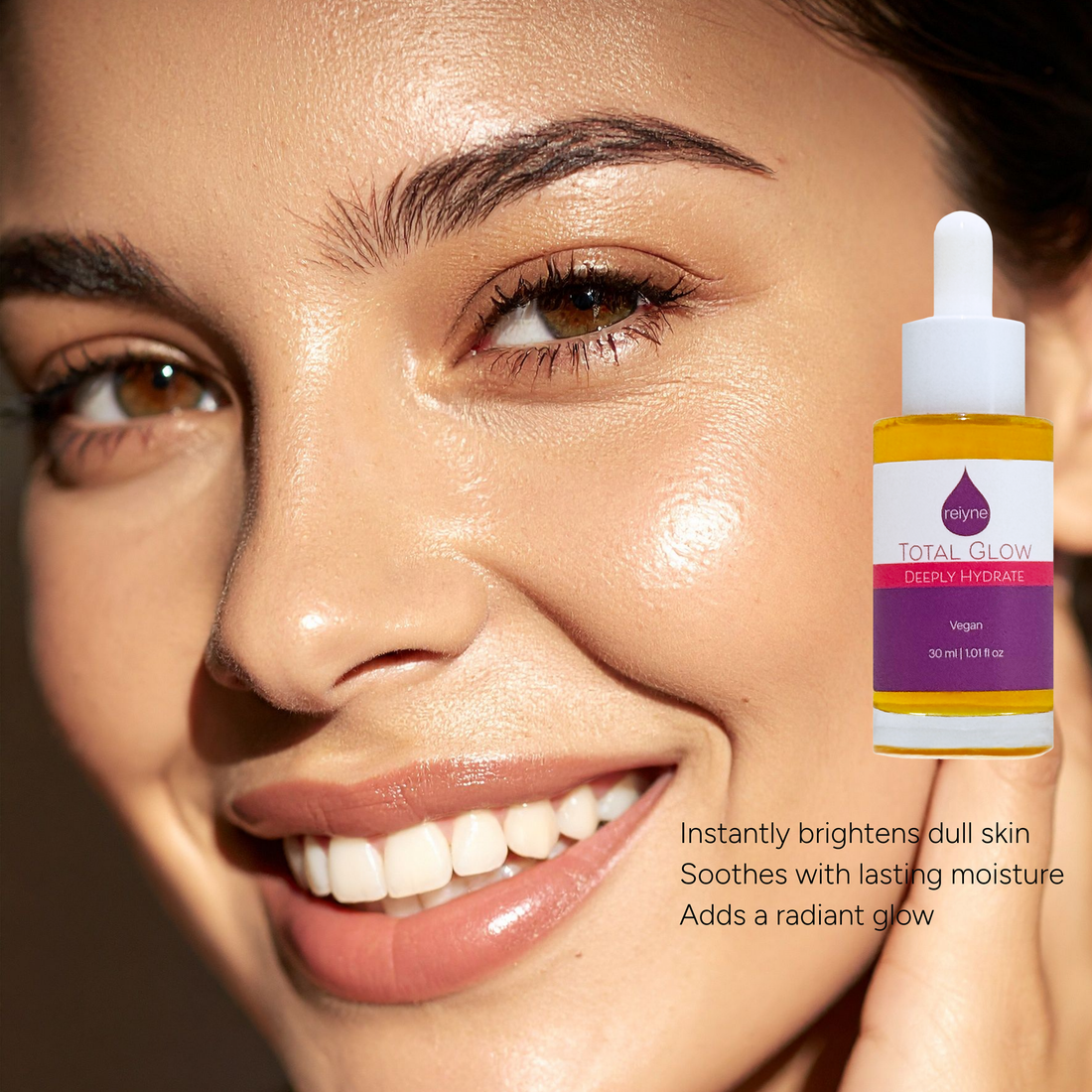 Reiyne Total Glow Serum in a clear bottle with White dropper and a purple and white label