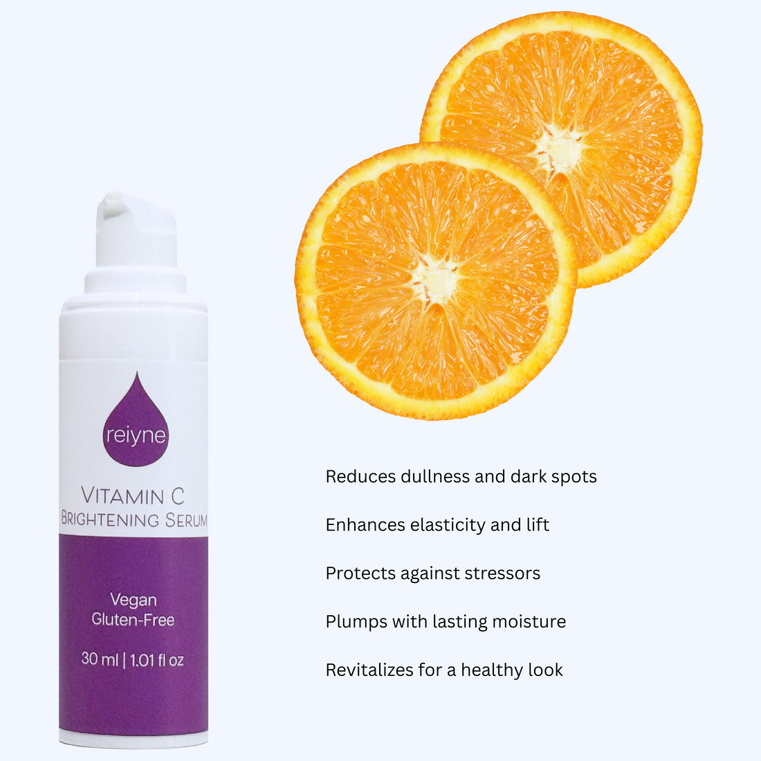 Reiyne Vitamin C Brightening Serum in a white airless pump bottle and a purple and white label