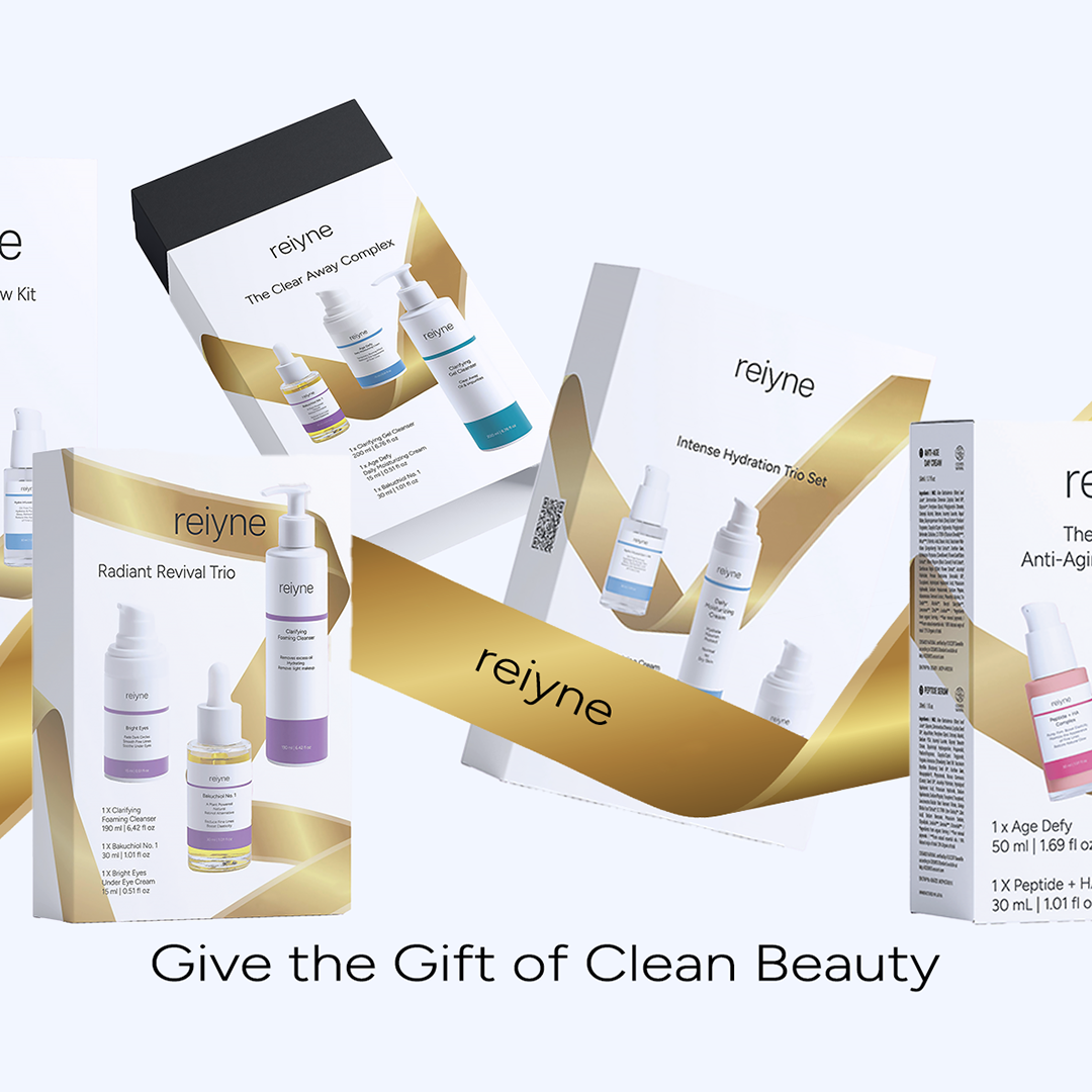 Reiyne skincare products and packaging on a white background with text 'Give the Gift of Clean Beauty'.