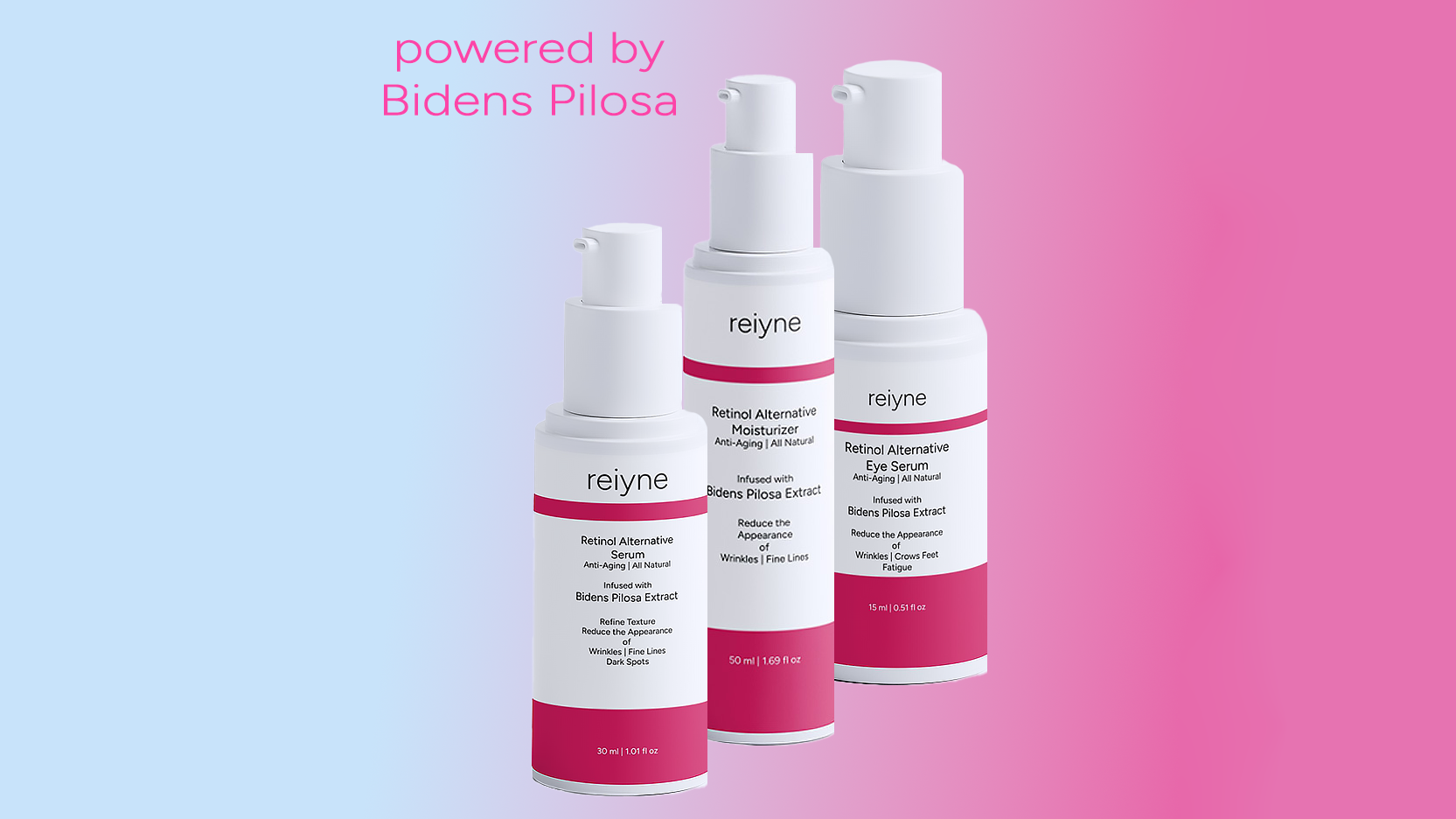 Three skincare bottles with pink labels on a gradient background, featuring the brand 'reiyne'.