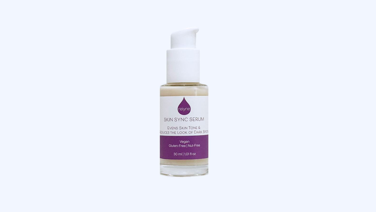Reiyne Skin Sync Serum in a clear bottle white airless pump and a purple and white label