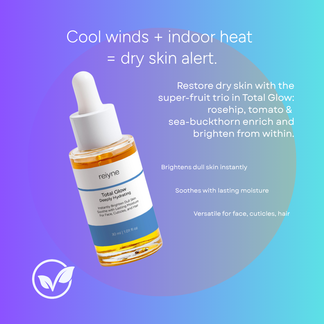 Reiyne Total Glow facial serum bottle with text on a gradient background