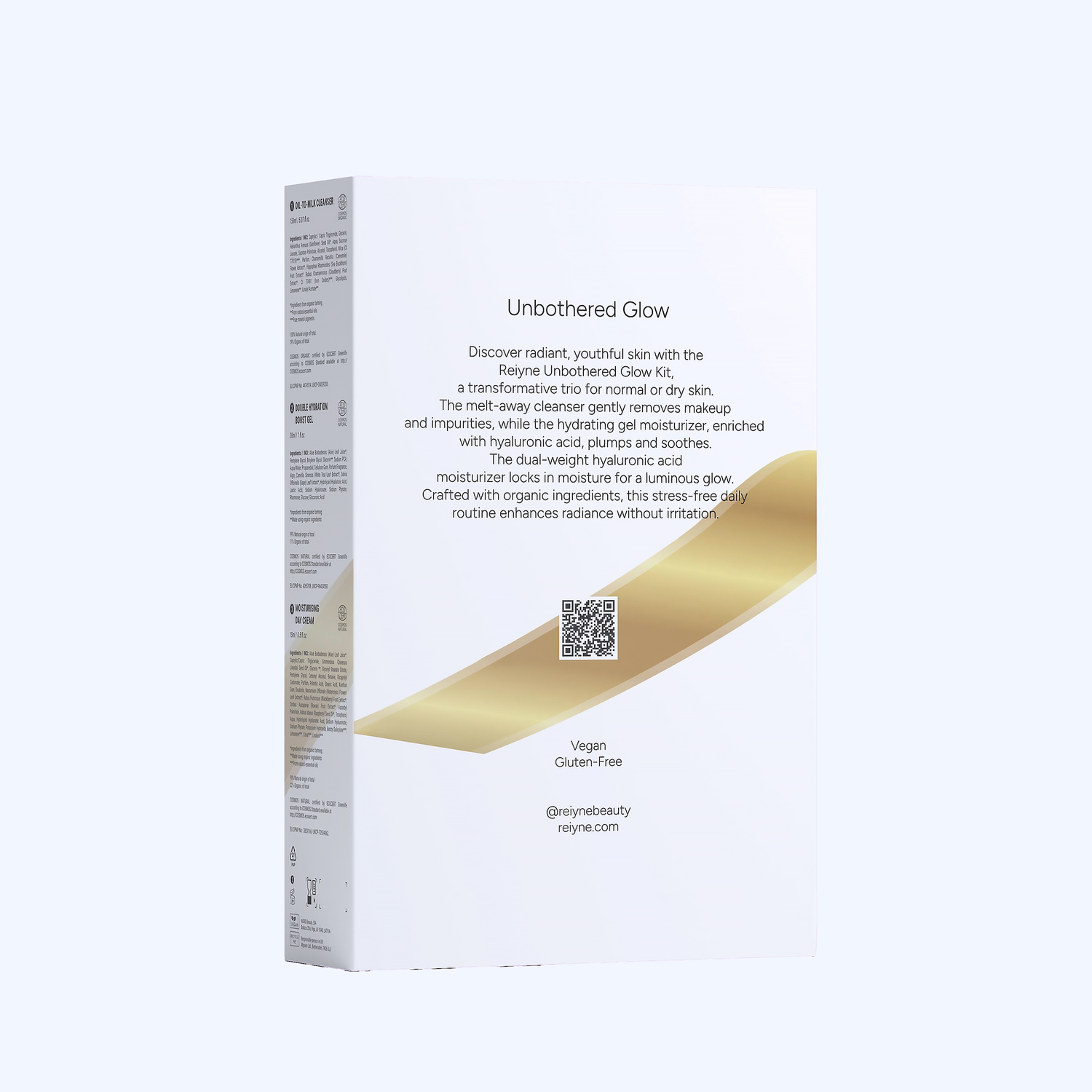 Product packaging with text and a QR code on a white background